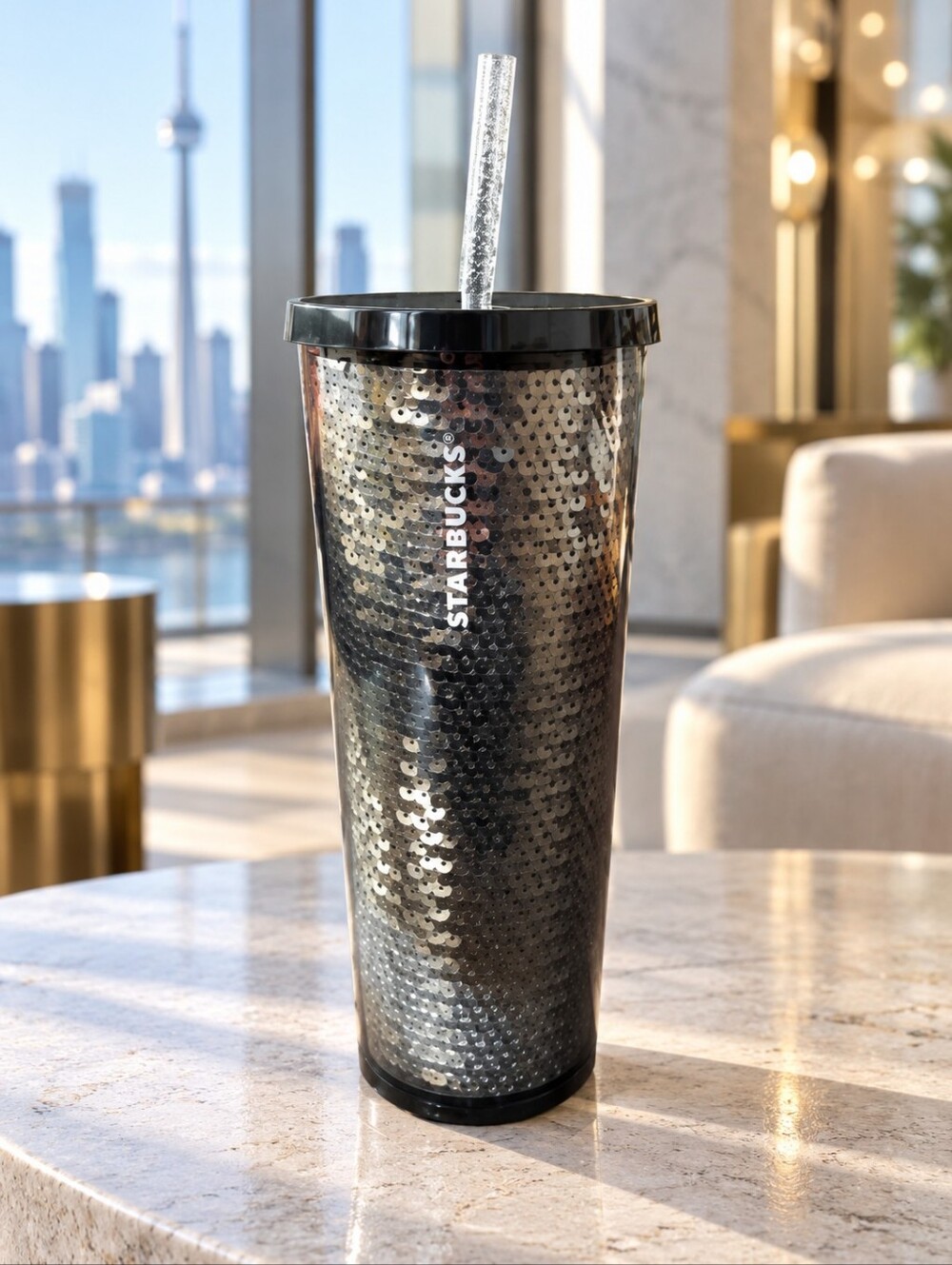 Starbucks 2018 Black Sequins Cold Cup Tumbler 24oz Holiday Venti